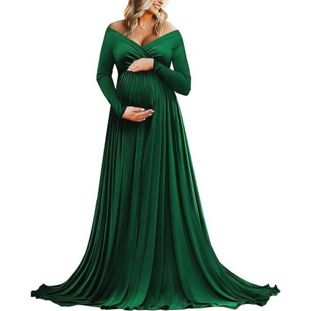 MSRP $95 Saslax Maternity M Green Off Shoulders Dress Half Circle Gown for Baby